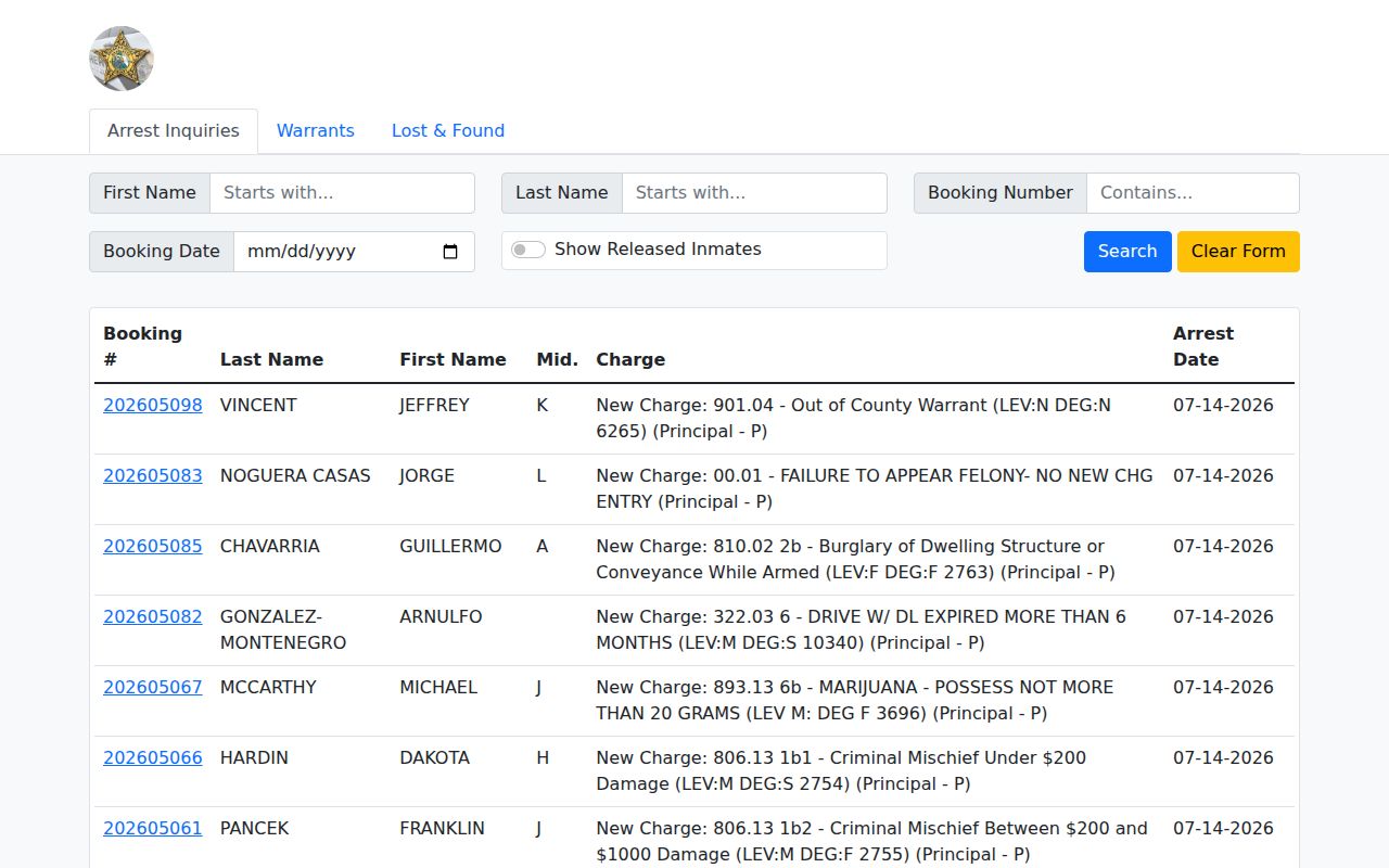 Charlotte County released mugshot and booking result area