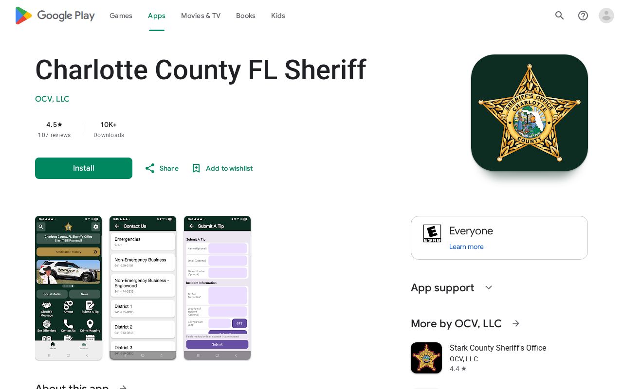 Charlotte County Sheriff app listing with unverified release capability