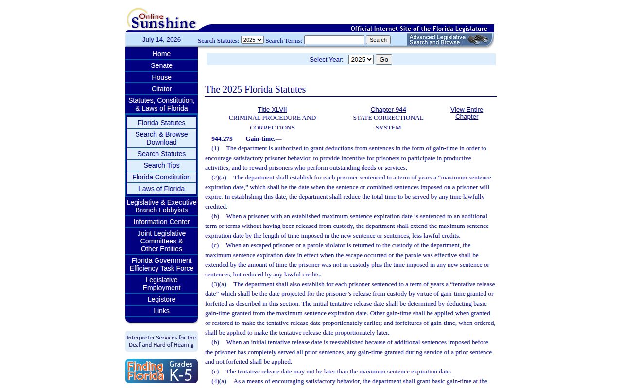 Florida gain time law for Charlotte County inmate release dates